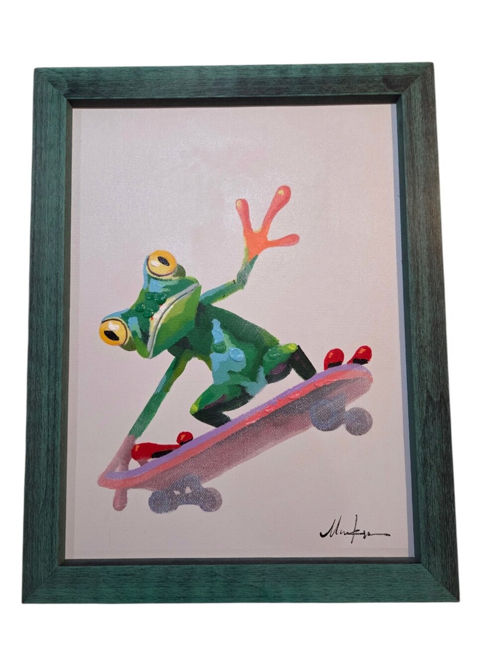 Original Signed Framed Stretched Canvas Painting Green Tree Frog On A Skateboard